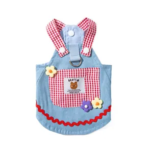 Cute denim pet dog dress with red plaid straps and cute bear pocket for summer daily wear.