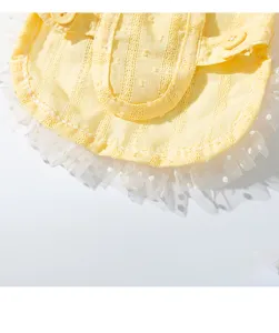 Nahaufnahme des gelben gestreiften Haustierkleides mit süßer weißer Spitze und dekorativen Trägern.