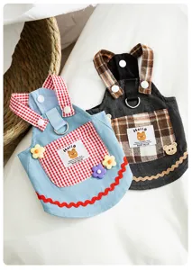 Cute pet dog cat denim overall dress summer plaid bear princess skirt apparel clothes