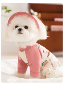 Vista dettagliata abbigliamento per cani con stampa pesca, simpatico vestito rosa solare per cuccioli.