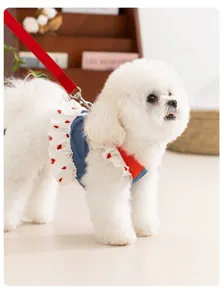 Spring summer cute dog denim harness dress with red leash puppy princess skirt pet clothes