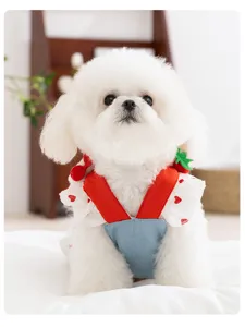 Cute strawberry dog overall dress, summer pet denim skirt with red straps for small dogs.