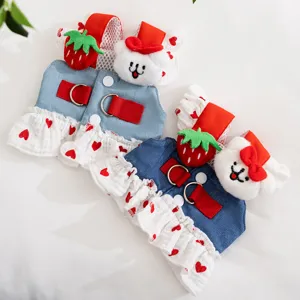 Pet Dog Strawberry Denim Harness Dress With Leash Cute Bear Princess Puppy Skirt For Small Dogs Cats Pink Heart Ruffle Pet Clothes
