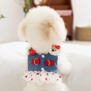 Cute strawberry denim dog dress harness for small dogs princess style cute pet apparel.