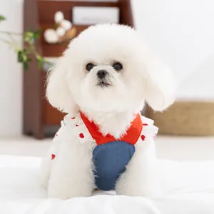 Cute spring summer puppy denim dress with heart pattern, stylish princess pet dog clothes.