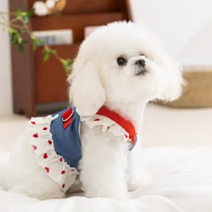 Cute dog denim dress with heart print, comfortable pet harness apparel for small dogs summer.