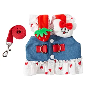Cute strawberry denim dog harness dress with leash spring summer small pet puppy clothes skirt