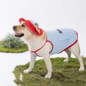 Detailansicht der Hundekühlweste in Hellblau mit rotem Rand und passendem Sonnenhut.