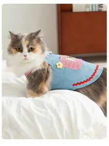 Cute cat denim dress with plaid pocket and bear detail for spring summer, princess pet clothes.