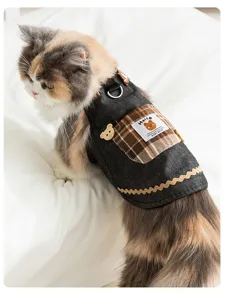 Cute cat denim plaid dress with pocket and bear decor, stylish pet princess skirt for spring.