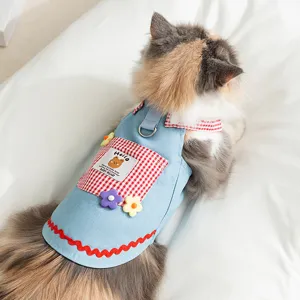 Pet Cat Dog Denim Suspender Skirt Cute Plaid Pocket Bear Princess Dress For Spring Summer Small Medium Dogs Cats Clothing