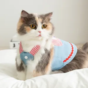 Cute cat spring summer denim suspender skirt with plaid pocket princess pet clothes