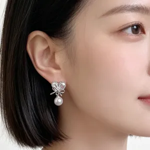 Elegante Zirkon Schleife Perle Ohrringe, süßer minimalistischer Detailstil für Damen Alltag.