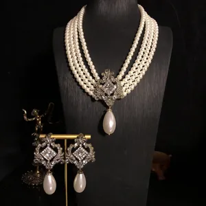 Vintage Court Style Multi-Layer Artificial Pearl Necklace Rhinestone Aged Gold Choker Earrings Jewelry Set For Women