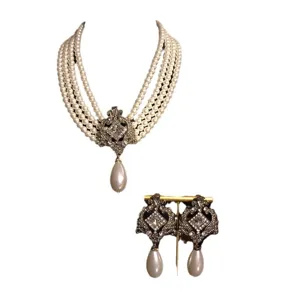 Retro multi-layer pearl necklace earrings set vintage court style rhinestone jewelry