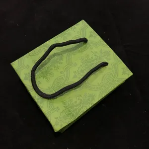 Sac en papier décoratif vert avec poignées en corde noire, emballage cadeau vintage classique.