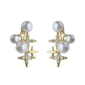 Gold-plated star zircon and pearl earrings, elegant asymmetric design for daily wear.