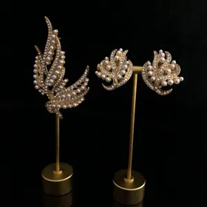 Vintage baroque pearl rhinestone brooch clip earrings jewelry set retro court style gold