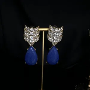 Pendientes colgantes vintage dorados con pedreria y piedra azul gota joyeria moda