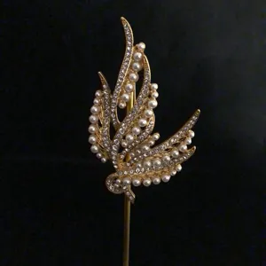 Vintage baroque pearl rhinestone lapel pin gold tone long hat pin retro court style brooch accessory