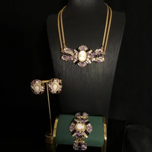 Vintage Court Style Alloy Rhinestone Cameo Necklace Bracelet Earrings Set Exaggerated Luxury Women Jewelry