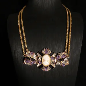 Vintage style double chain statement necklace with cameo pendant and purple rhinestones.
