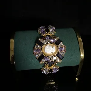 Vintage rhinestone cameo bracelet luxurious European style statement jewelry gold tone