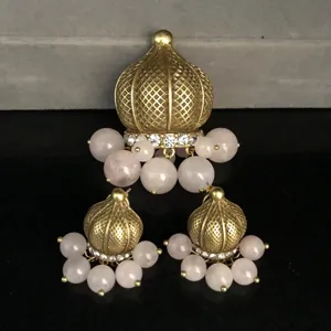 Vintage Antique Gold Plated Rhinestone Artificial Pearl Pink Crystal Turquoise Brooch Earrings Jewelry Set For Women