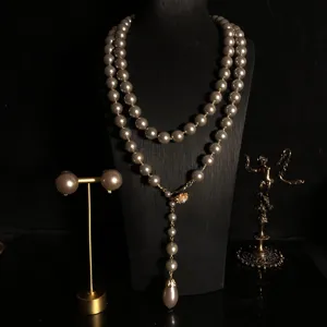 Westlich Vintage Grau Künstliche Perle Lange Halskette Pullover Kette Barock Perle Ohrring Modisch Schmuck