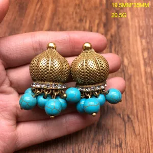 Vintage Gold-tone Turquoise Bead Jhumka Earrings Ethnic Style Drop Earrings 19.5x35mm