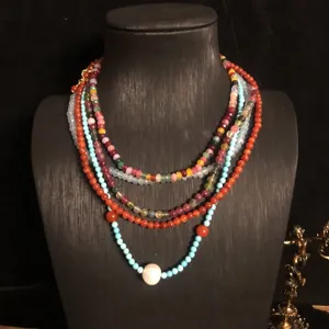Vintage Boho Handgemaakt Kralen Trui Ketting Turkoois Agaat Kunstparel Legering Gelaagde Ketting Dames Sieraden