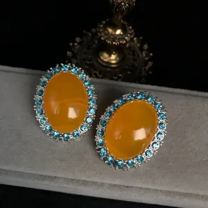 Vintage oval orange rhinestone earrings with blue crystal border for women elegant party jewelry