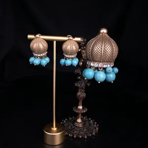 Vintage turquoise jhumka earrings, antique gold metal dome dangle drop earrings for women.