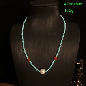 Vintage boheemse kralenketting met turkoois agaat en parel voor dames sieraden.