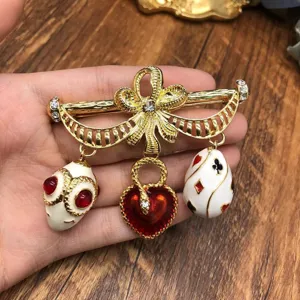 Spilla Vintage Fiocco Oro Esmalto Ciondoli Cuore Uovo Poker Gioiello Fantasia Retrò