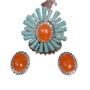 Vintage blue and orange rhinestone brooch and earrings set, elegant design for women daily wear.