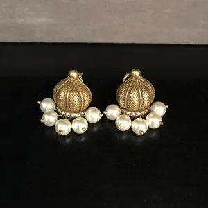 Vintage gold-toned dome earrings with faux pearls and sparkling rhinestones for women