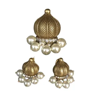 Vintage Indian jhumka earrings pendant set with faux pearls and rhinestones gold tone.