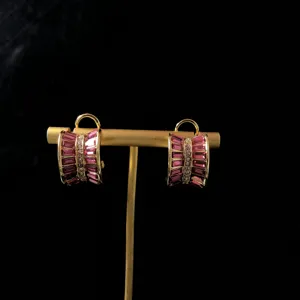 Vintage gold-plated pink crystal earrings detail shot, elegant retro clip-on jewelry design.