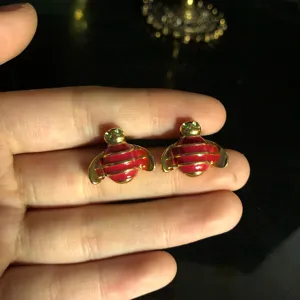Chic gold-plated red enamel bee stud earrings with green crystal eyes for women 1pair