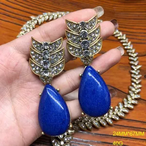 Estilo vintage cobre chapado lapis lazuli gota estrass pendientes vista detalle.