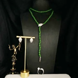 Vintage Luxury Snake Shape Copper Jewelry Set With Green Agate Beads Rhinestone Open Ring Earrings Necklace Fashion Women Jewelry