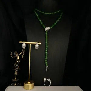 Vintage snake head green agate beaded necklace zircon earrings ring jewelry set for women