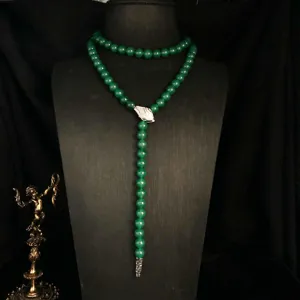 Retro green beaded long necklace with silver snake head pendant zircon luxury jewelry for women