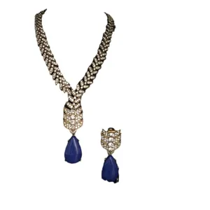 Juego de joyas vintage de moda collar de hoja chapado en oro y pendientes de gota azul