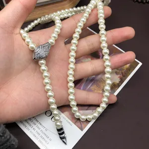 Retro snake head pearl necklace with sparkling zircon inlay, elegant pendant jewelry gift for women