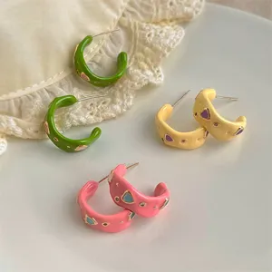 Bunte Dopamin Emaille C-Form Ohrstecker Für Damen Süß Herz Strass Tropföl Creolen Silberstift Schmuck Geschenk