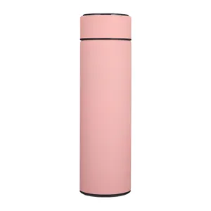 Pink smart thermos cup with digital temperature display lid, minimalist stainless steel design.