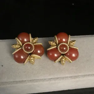 Pendientes de boton de agata roja vintage retro oro floral detalle joya fina linda