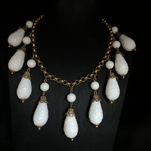 Vintage Stil weisse Glas Tropfen Quaste Halskette elegante Damen Schmuck Set neu.